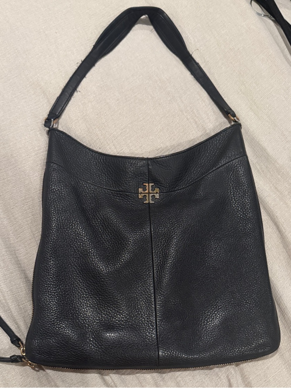Tory Burch Black Pebbled Leather Hobo with Gold Logo Accent